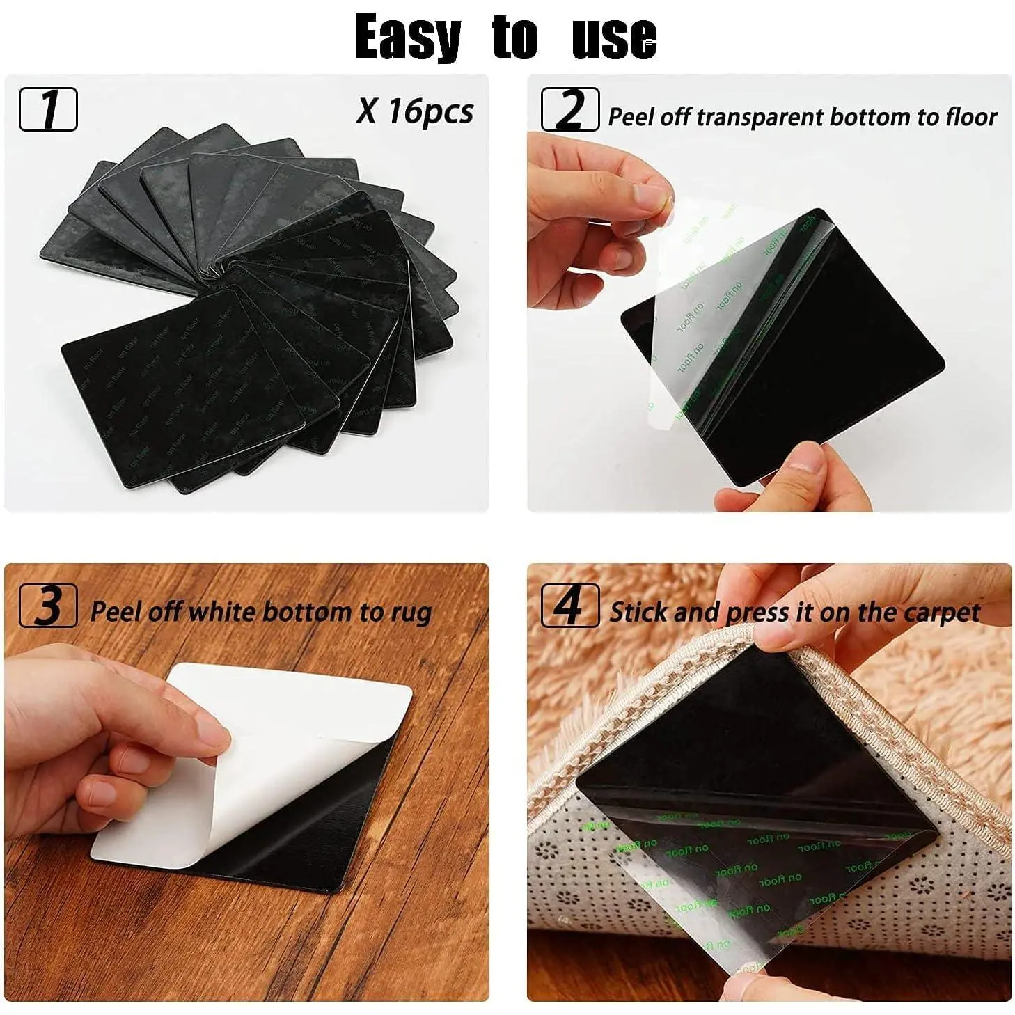 16PCS Grippers of Rug Pad, Non-Slip Carpet Pads for & Tile | Washable reusable rug tape, residue-free, flattens curled rug corners, safe for, tile and marble flooring