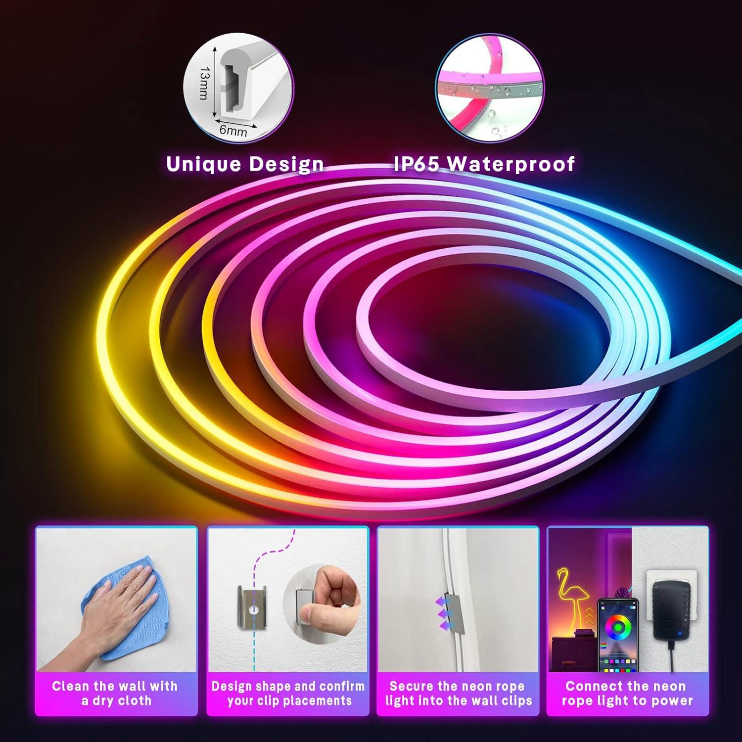 RGB LED Strip Light, 16.4ft Waterproof LED Light Strip with Remote Control & APP Control, Decorative Light for Bedroom, Living Room, Party, Festival