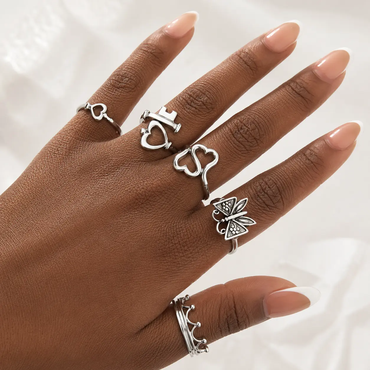 5 Piece Silver Ring Set for Women, Adjustable Butterfly Heart Crown Rings, White Gold Plated Cute Stackable Rings, Vintage Minimalist Fashion Jewelry Gift for Girls and Women