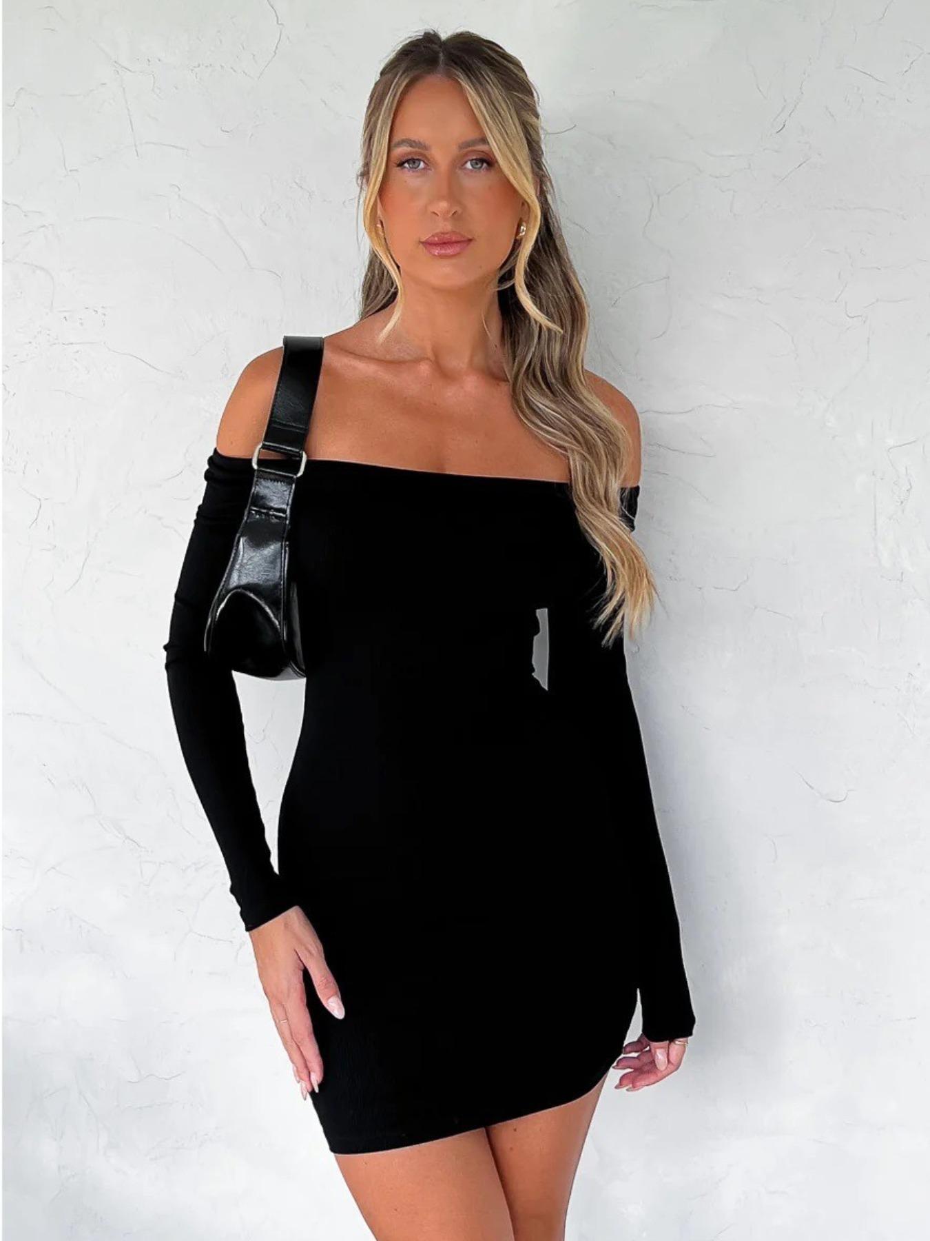Women's Solid Off Shoulder Soft Ribbed Modal Dress, Elegant Chic Basic Fashion Casual Long Sleeve Mini Dress for Daily Outdoor Wear, Women Dress for Spring Fall, Lady, Womenswear