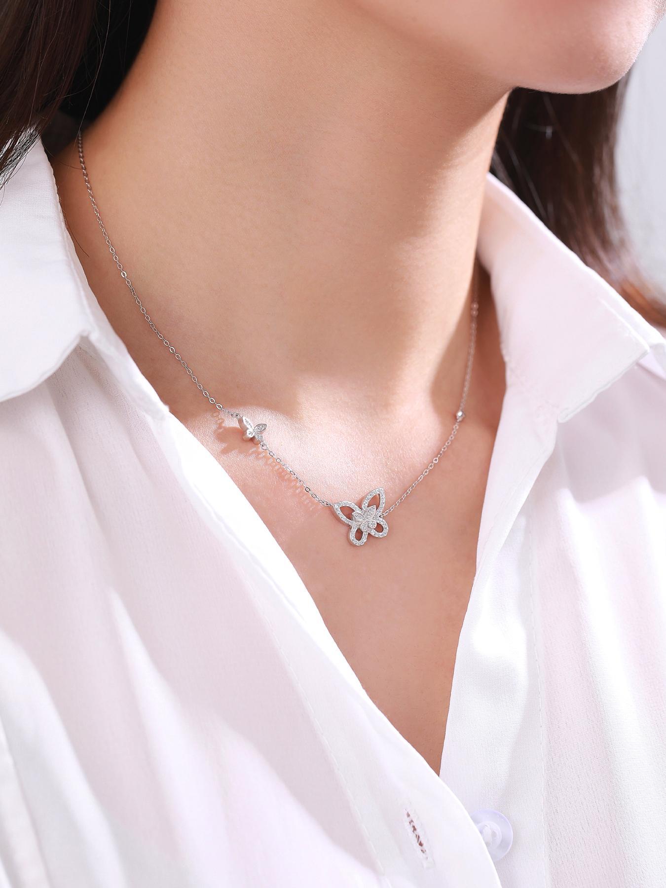 S925 Sterling Silver Butterfly Design Pendant Necklace, Artificial Zircon Decor Necklace for Women & Girls, Trendy All-match & Exquisite Jewelry for Birthday Gift, Valentine's Day, Gift