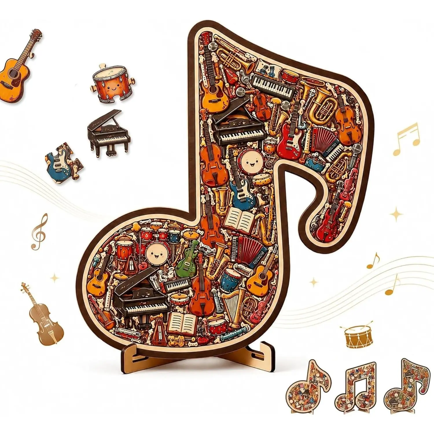 3D Musical Note Instrument Jigsaw Puzzle Ornament, 3D Wooden Music Note Puzzle Set with Display Stand, Irregular Instrument Shaped Puzzle Decor, Ideal Gift for Music Lovers, Musicians, Wooden Puzzles