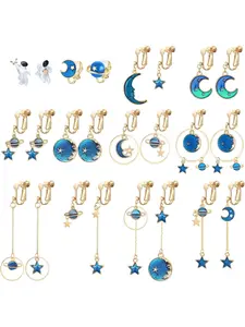 12Pairs Clip On Earrings for Women Star Moon Earring Asymmetrical Dangle Earring Non Pierced Ear Clip Set