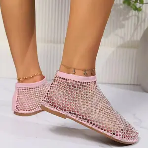 Women's Full Mesh Rhinestone Ankle Booties, Hollow Breathable Slip On Flat Sandals, Closed Toe Short Boot Style Casual Daily Versatile Footwear all-season outdoor walking shoe