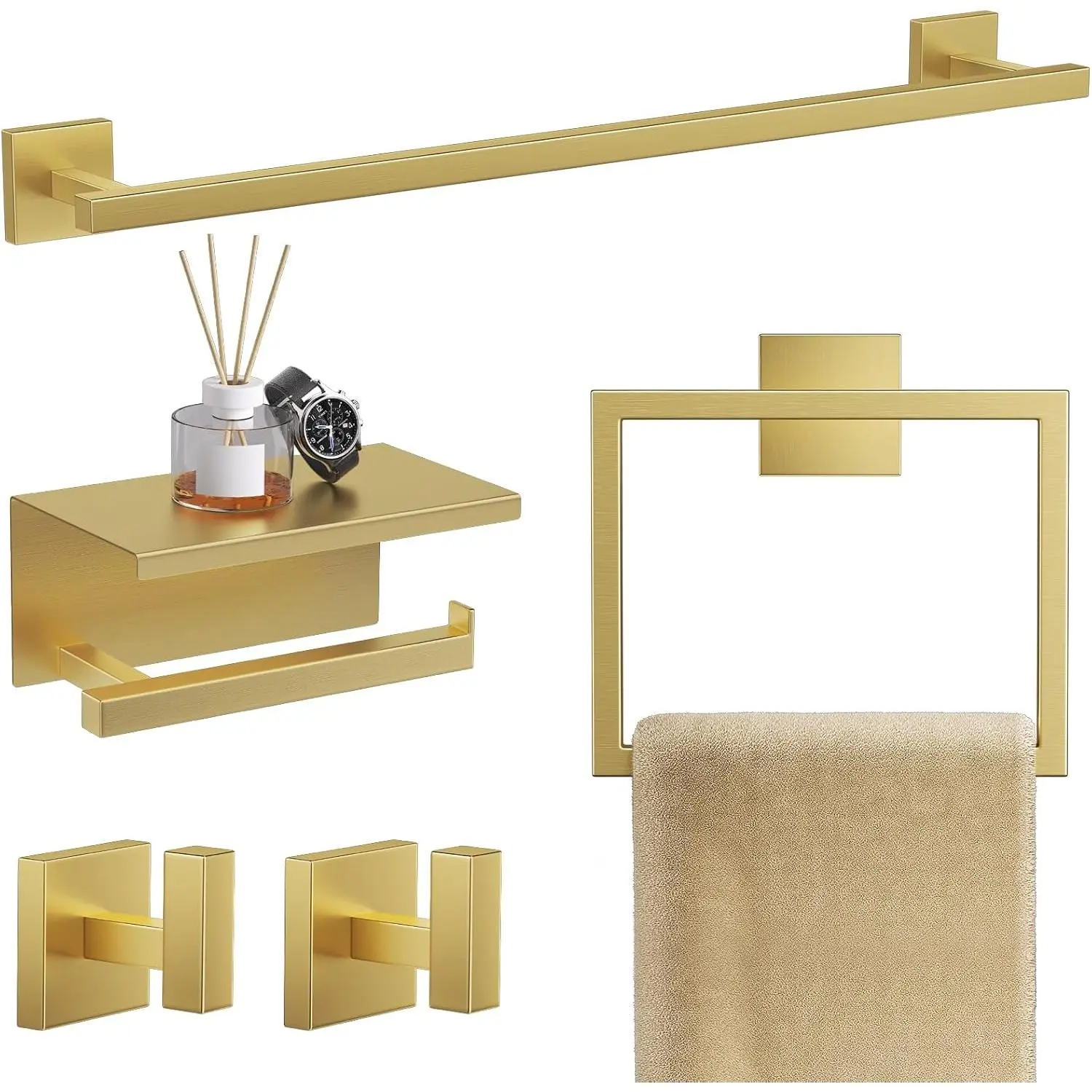 Brushed Gold 5-Piece Bathroom Hardware Set, Wall Mounted SUS304 Stainless Steel Towel Bar and Square Toilet Paper Holder with Shelf, 23.6 Inches
