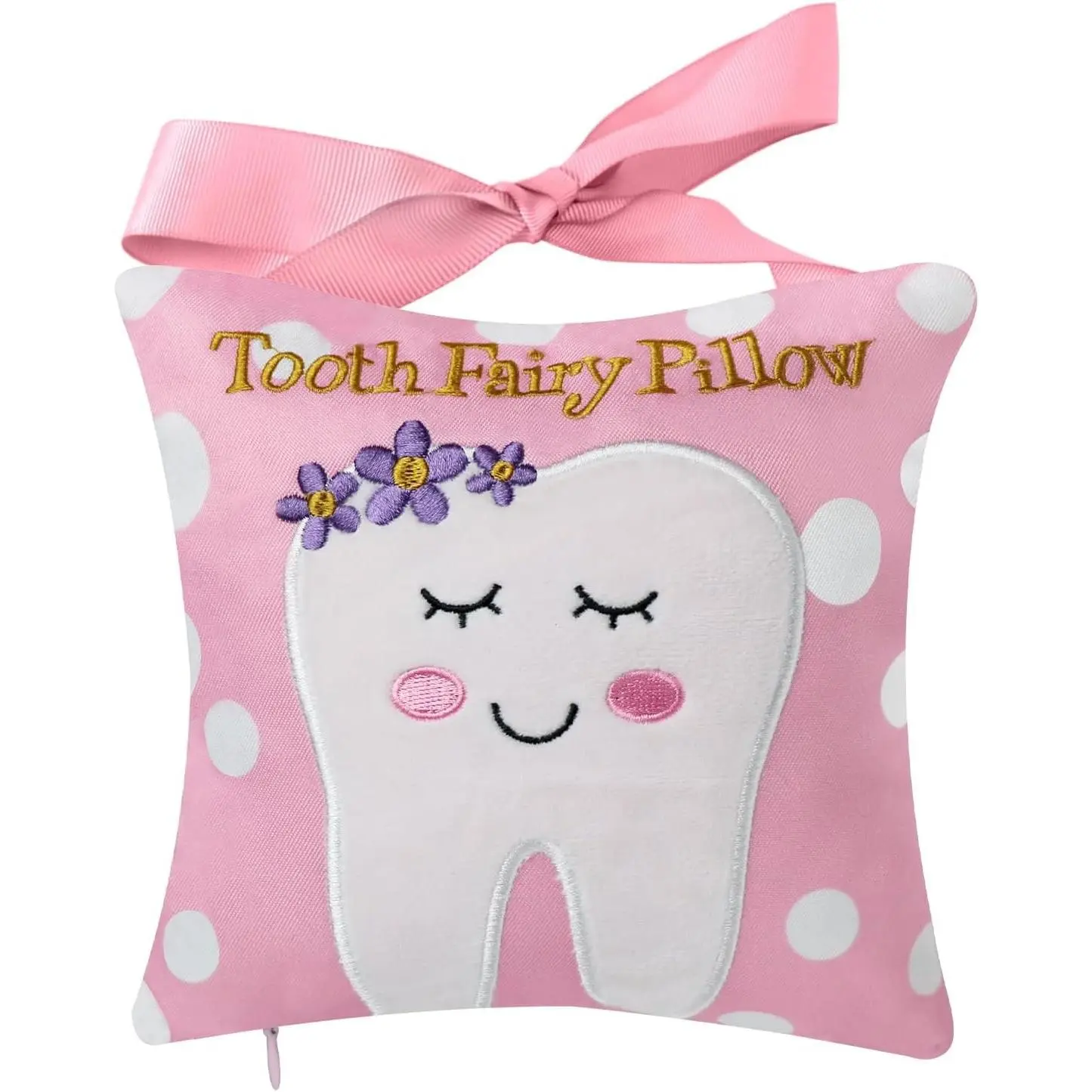 Tooth Fairy Pillow with Pocket for Kids, Tooth Keepsake Pouch on Back, Gift for Boys and Girls, 6.8 x 6.8 Inches, Pink(Gift)