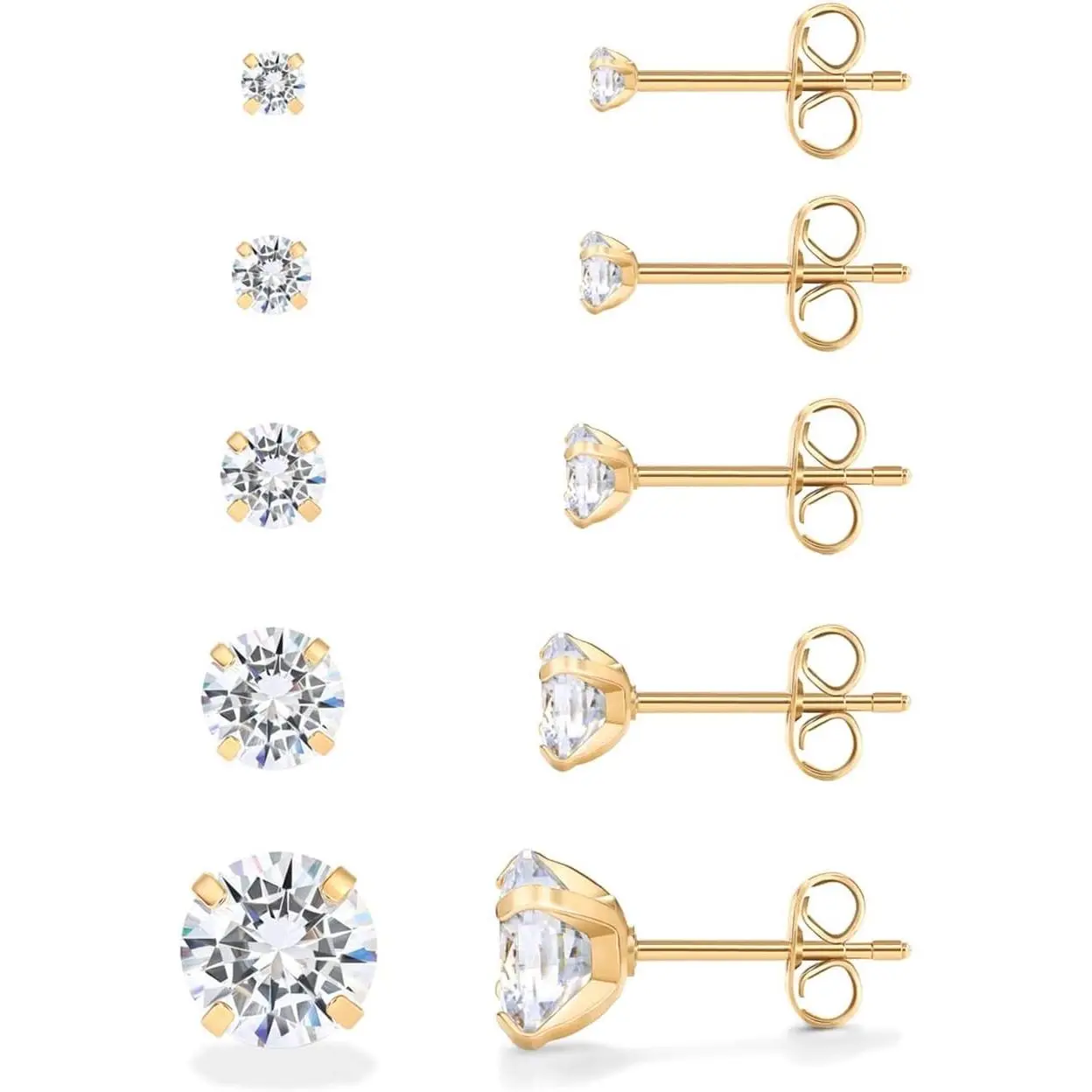 Waterproof Five Pairs Stud Earrings for Women - 14K Gold Plated Stainless Steel Pack of 5 Cubic Zirconia Earrings for Men and Women - Hypoallergenic Premium CZ Studs Set
