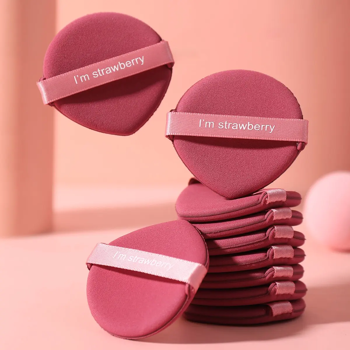 10 Wine Heart Velvet Makeup Pads, Soft Velvet Top Layer with Embroidered Handle, Reusable Loose Powder Foundation Applicators, Portable Beauty Tools