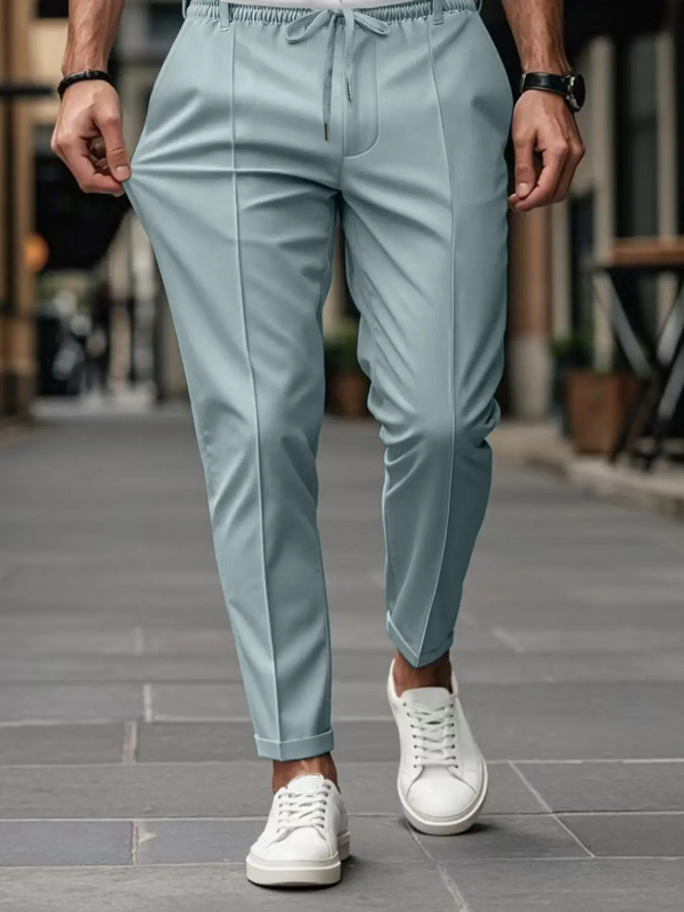 Men's Casual Chinos Summer Khaki Straight Fit Slim Elastic Drawstring Waist Office Pants With Pleats Non-Stretch Lightweight Breathable Solid Color High-End Business Casual Chinos Casual Trousers