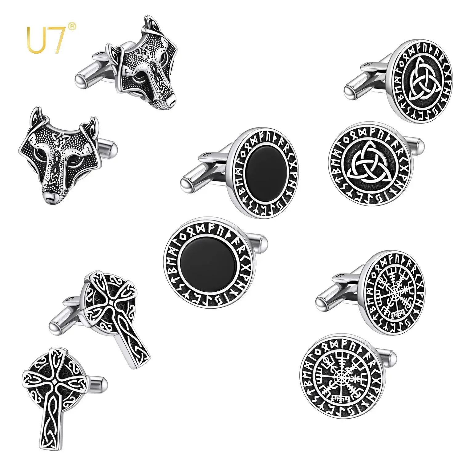 U7 Men Cufflinks Norse Viking Runes Agate Comapss Wolf Celtic Knot Tuxedo Shirt Cuff Links Stainless Steel Symbol Amulet Jewelry