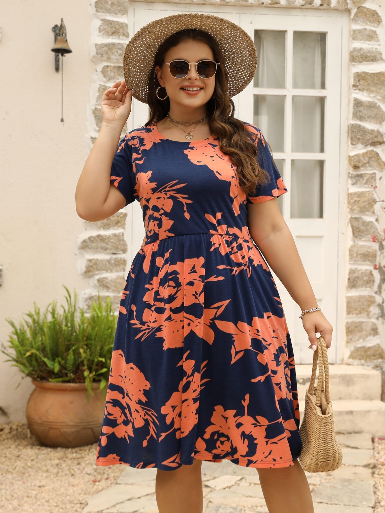 Women's Plus Size Casual Elastic Long Dress with Pockets, Elegant Summer Fitted Style, Comfortable Fabric for Daily Wear
