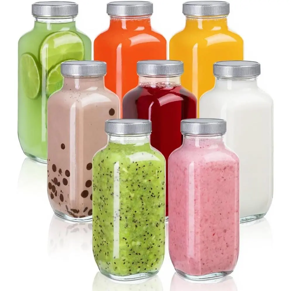 Juice Bottles with Lids, 16 Oz - Set of 8 - Clear Glass Jars with Caps - Reusable Empty Drink Containers for Juicing, Smoothies, Water, Milk, Kombucha Storage, Wellness Shots and More (8)