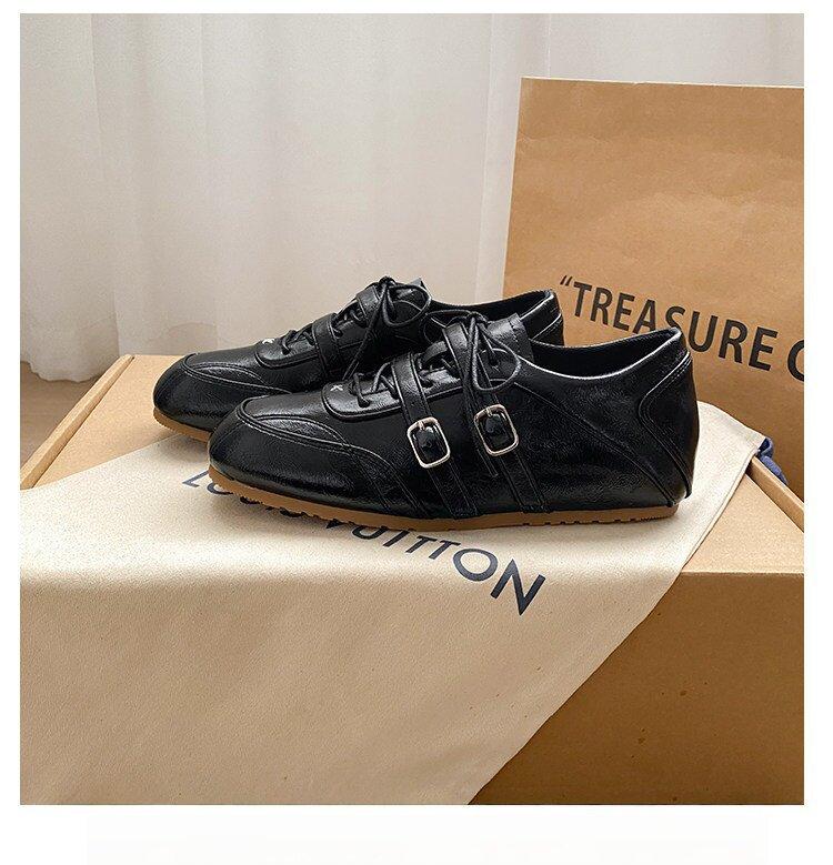 2026 Spring Collection: Patchwork Small Round-Toe Lace-Up Leather Shoes, Casual Ballet-Style Double Buckle Height-Increasing German Training Shoes