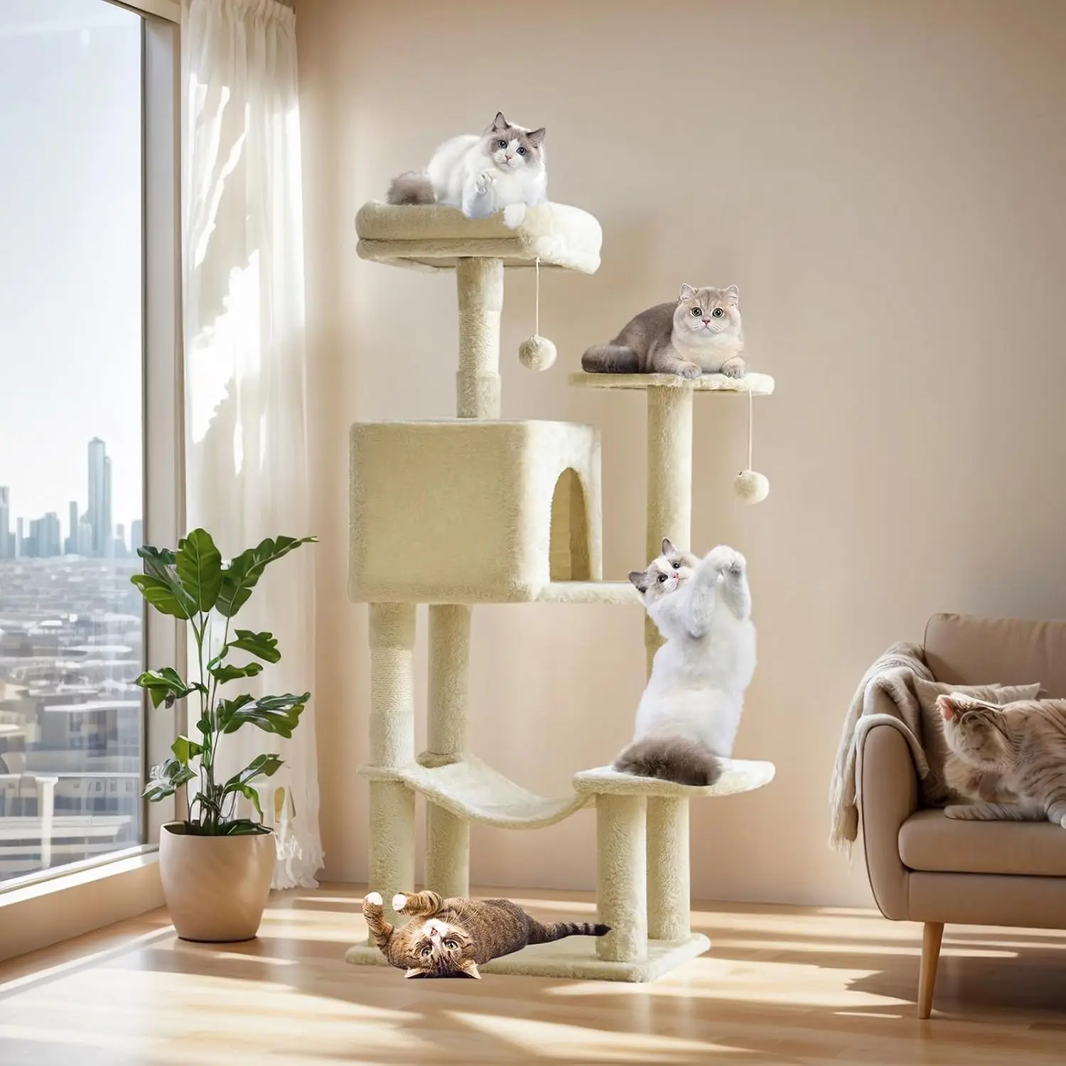 44 Inch Cat Tree Tower, Cat Climbing Tower with Natural Sisal Scratching Posts, Hammock, Pet Condo for Indoor Cats and Kittens Play, Beige