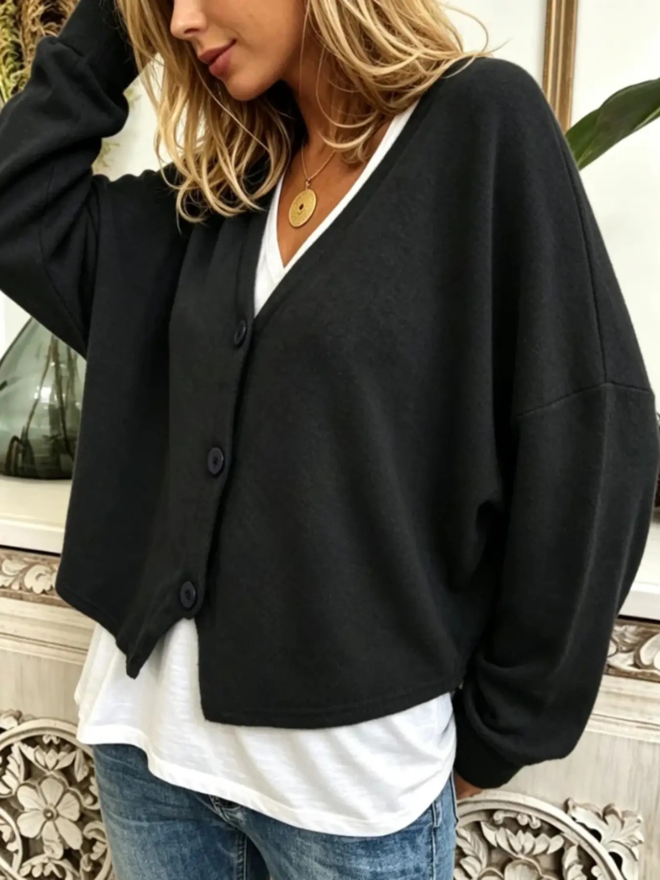 Women's Multi-Color Basic Knit Cardigan, V Neck Short Sleeve Daily Wear Sweater, Boho Style Long Sleeve Slim Fit Top, Plain Pattern, Knitwear, Bohemian, Chic