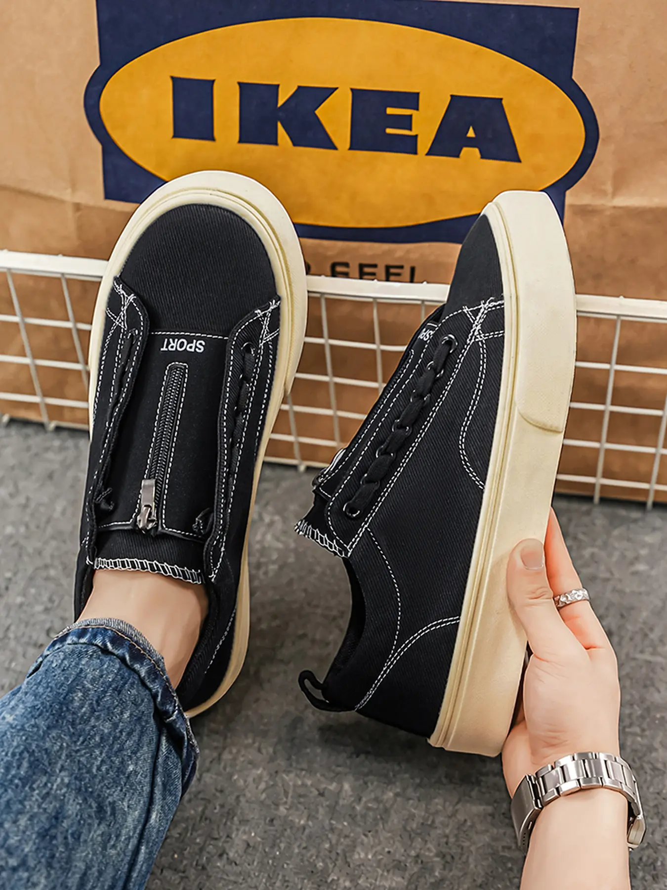 Men Zipper Slip On Canvas Sneakers No Laces Low Top Trainer Platform Casual Walking Skate Shoes Lightweight Daily Flats