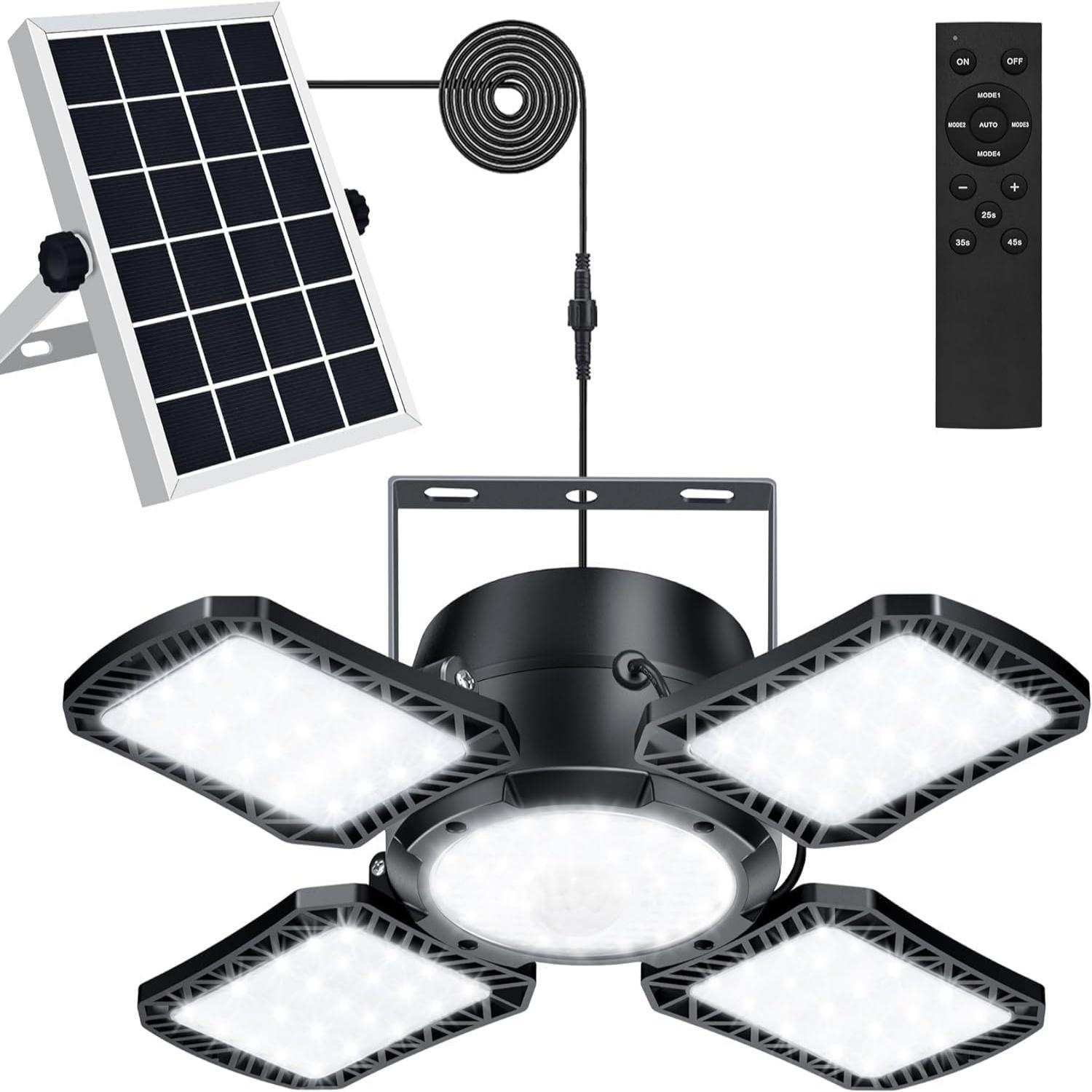 Solar Powered Pendant Light, 1 Count Solar Indoor/Outdoor Light with Motion-Sensor, 4 Lighting Modes with Remote Control, Adjustable Brightness Lights, LED Shed Lamp for Gazebo Garage Shop Barn