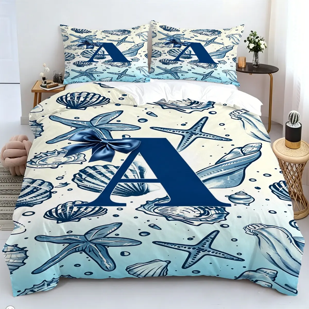 2/3pcs Ocean Starfish And Seashell Print Duvet Cover Set, Bow And Letter Print Bedding Set, Soft And Breathable Microfiber Fabric, 1 Duvet Cover And 1 Or 2 Coreless Pillowcases/Zipper Closure, Suitable For Year-Round Bedroom DéCor, Machine Washable