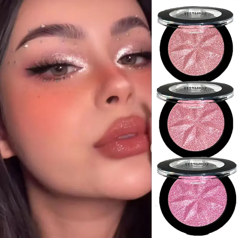 JUJU DREAM Starlight Embossed Shimmer Pink Blush Single Pan, 3 Dreamy Glitter Pink Shades Infused With Fine Iridescent Pearl Sparkle, Ultra-fine silky reflective powder with minimal flyaway, buildable luminous pigment delivers soft