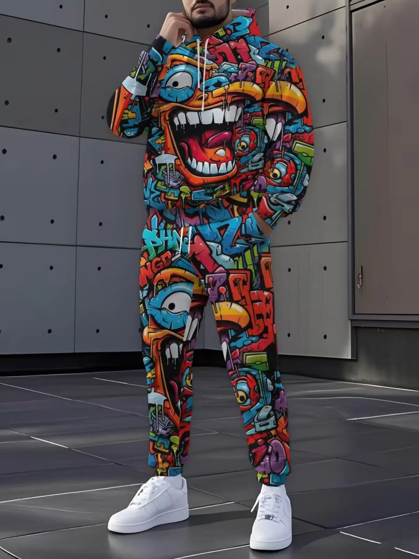 Trendy Graffiti Hooded Sweatshirt Set, Unisex Streetwear Sportswear Two-Piece, Colorful Print Fashion, Casual Loose-Fit Long Sleeve