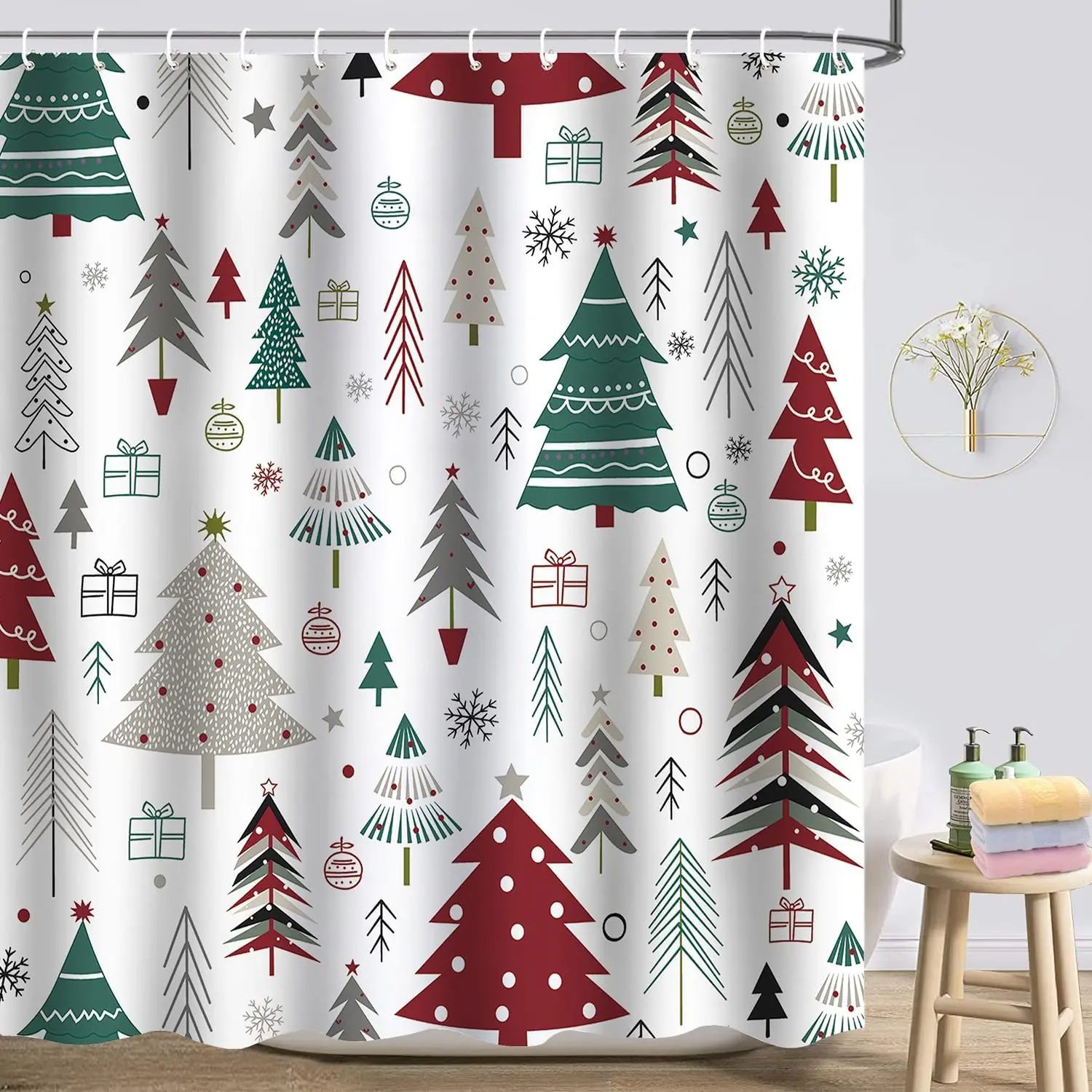 Christmas Shower Curtain, Winter Christmas Tree Shower Curtain for Bathroom, Xmas Tree Snowflake Bathroom Curtain Sets, Bathroom Decor