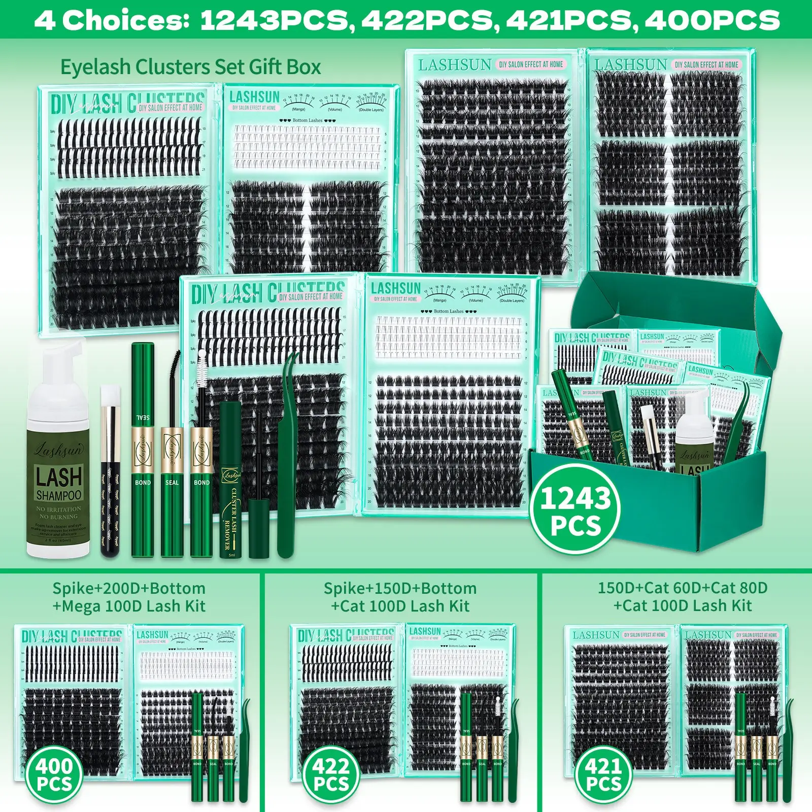 1243/422/421/400 Pcs Eyelash Cluster Kit, Diy Lash Set, Spiky Lash Clusters, Mixed 5-21mm 8 Styles Bottom/Mega/Cat/Volume Thick 3D Multi-Layered Lashes, Kit with Bond&Seal Remover Tweezers Lash Shampoo Brush, DIY at Home, Easy Apply for Makeup Daily