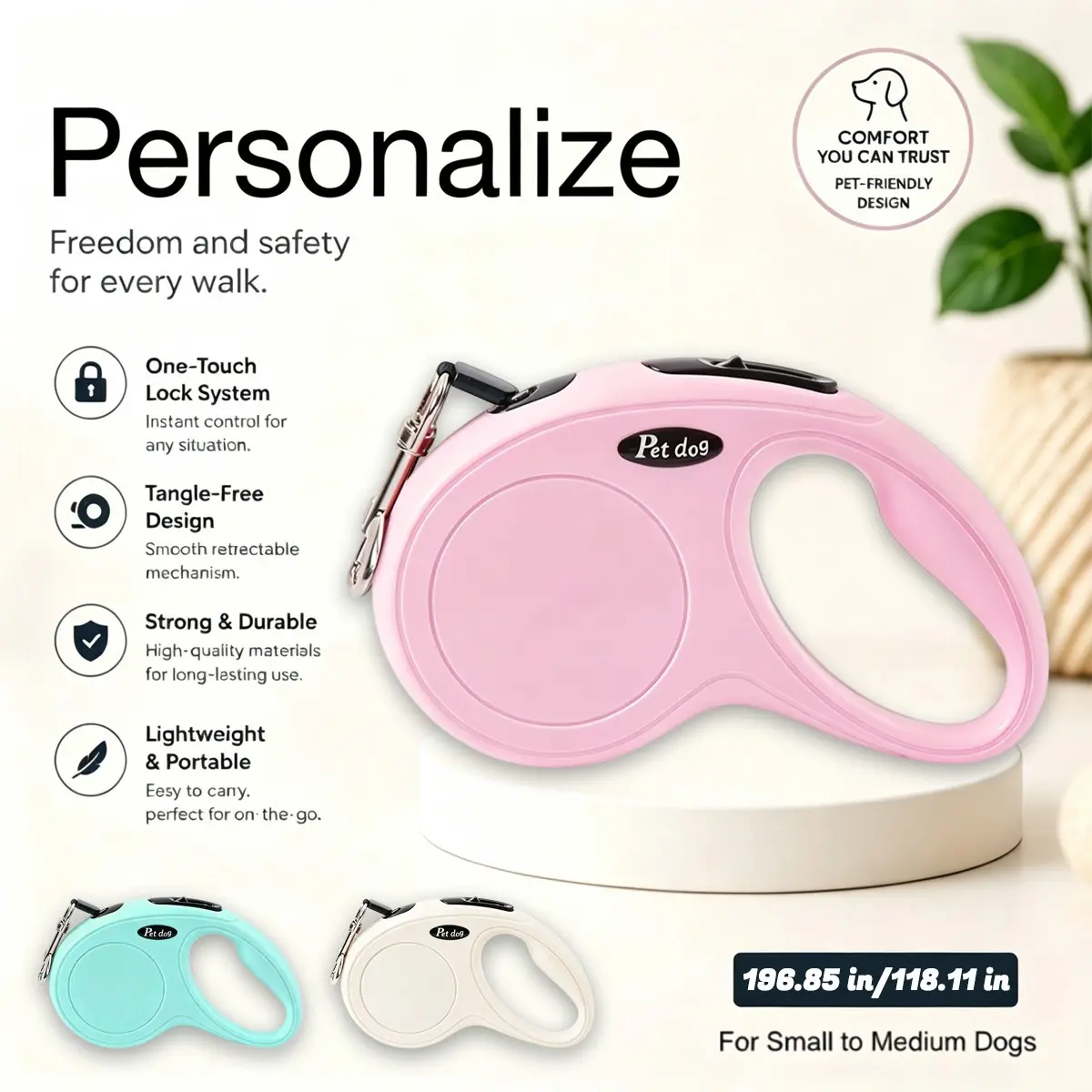 New Color Pet Leash, Auto Retractable Dog Leash 3m/5m, Durable Nylon Webbing, One-Button Lock Anti-Slip Ergonomic Handle, Medium Dogs