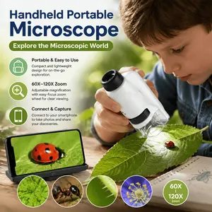 Portable Kids Pocket Microscope, 60-120X High Magnification with LED Light, STEM Science Educational Toy, Gift for Students Children, Christmas Halloween Thanksgiving Birthday Present
