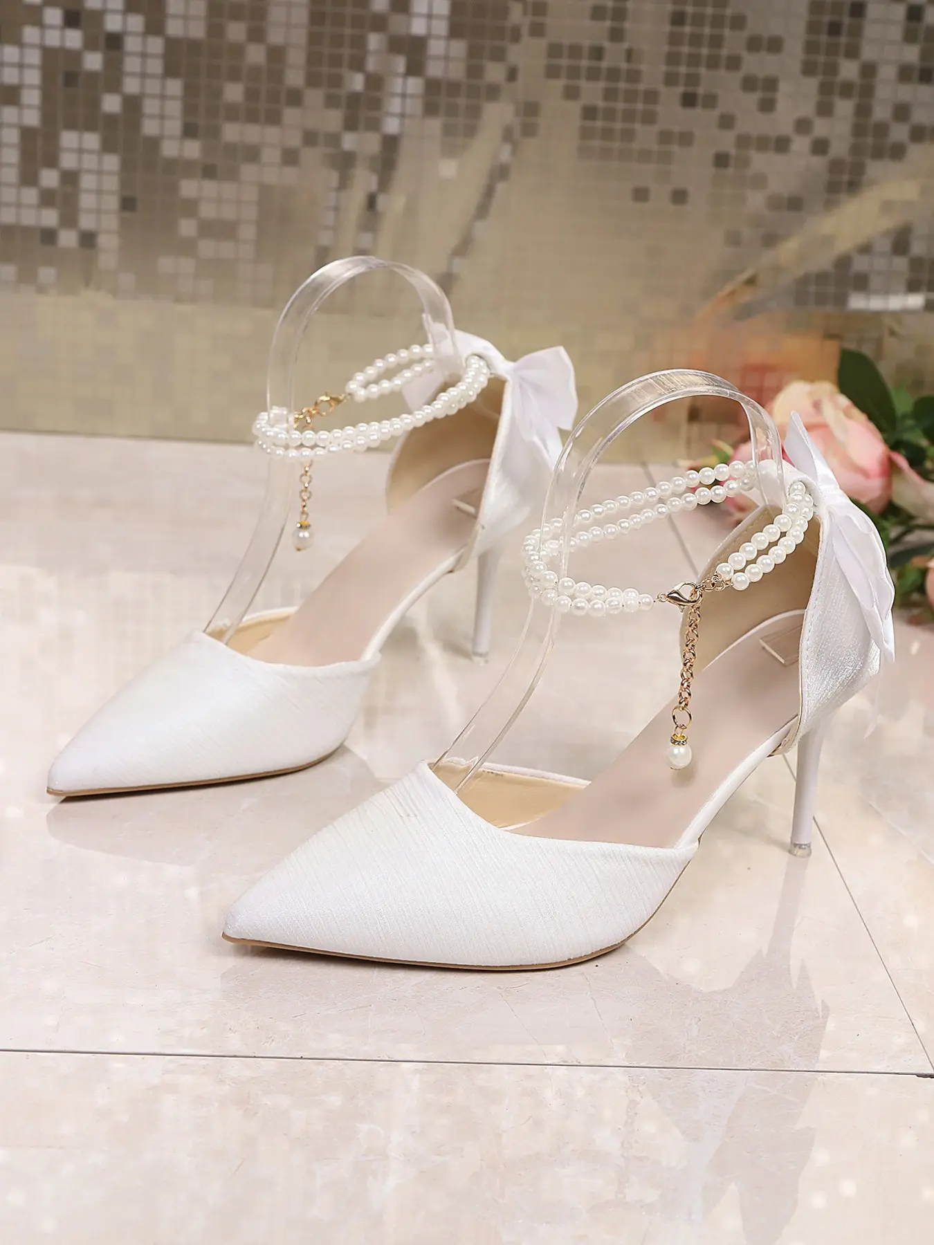 Women Pointed Toe D'Orsay Stiletto Heels, Back Bow Pearl Ankle Chain High Heel Pumps, Bridal Wedding Prom Party Dress Shoes, White Pink