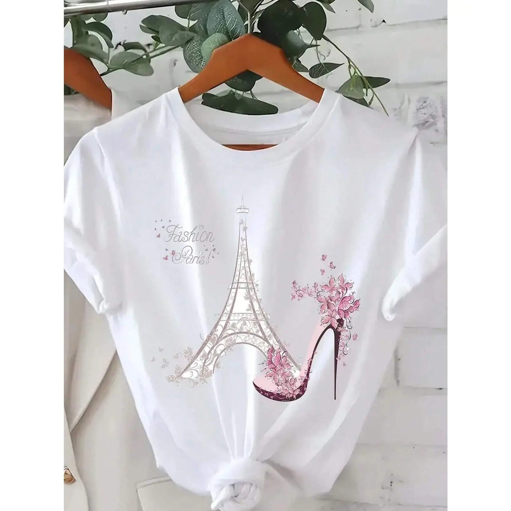 Women's Casual Halloween-Ready Sports Top, 95% Poly 5% Elast Stretch Fabric, Slim-Fit Crew Neck Short-Sleeve Floral All-Over Print Tee, Dry Clean, Expandable, Machine Washable Sports & Outdoor Apparel