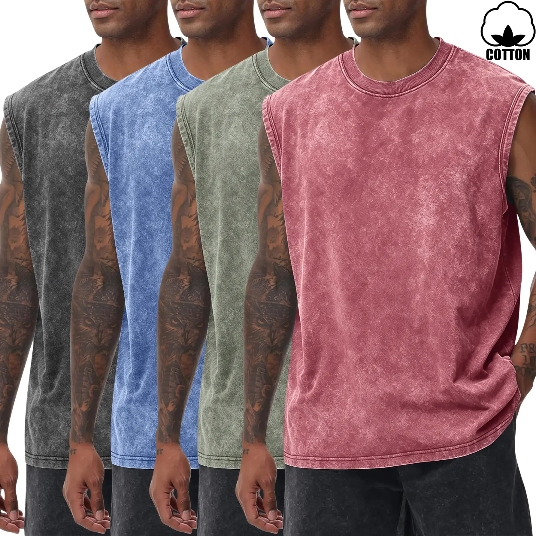 4-Pack Men's Summer Lightweight Acid Wash Distressed Retro Cotton Sleeveless T-Shirt Vest Fashion Everyday Casual Vacation Sports Travel Gift for Boyfriend or Husband Basketball Camping Fitness Menswear Tank Tops Vintage Natural Personalized Gym Fabric