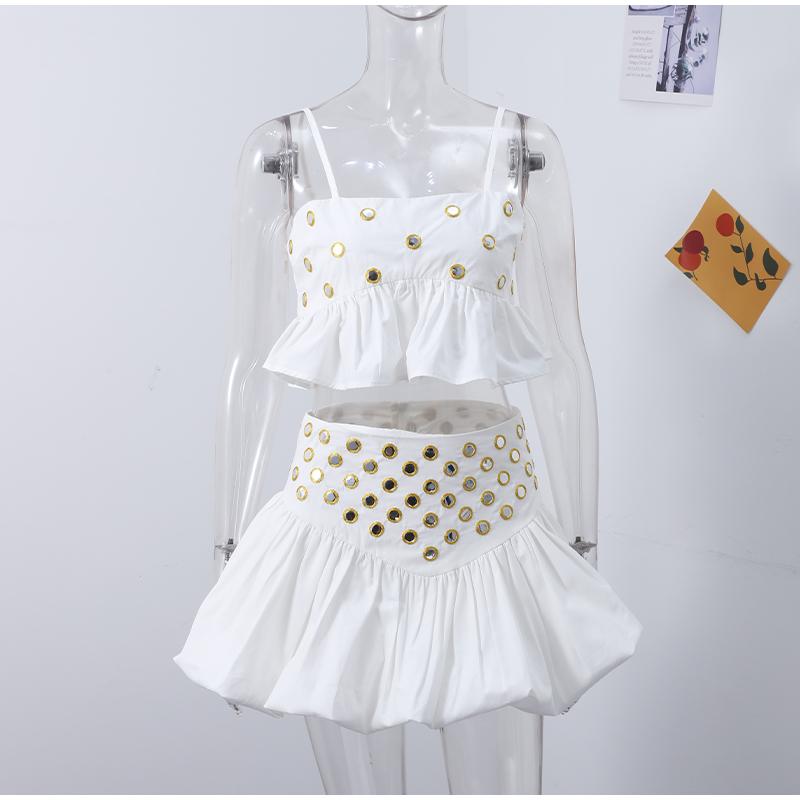 New2025Hollow Out Crop Tank Pleated Skirt Sets Women Ring Bead Strap Sleeveless Backless Vest A-line Skrits Suits Spring Street