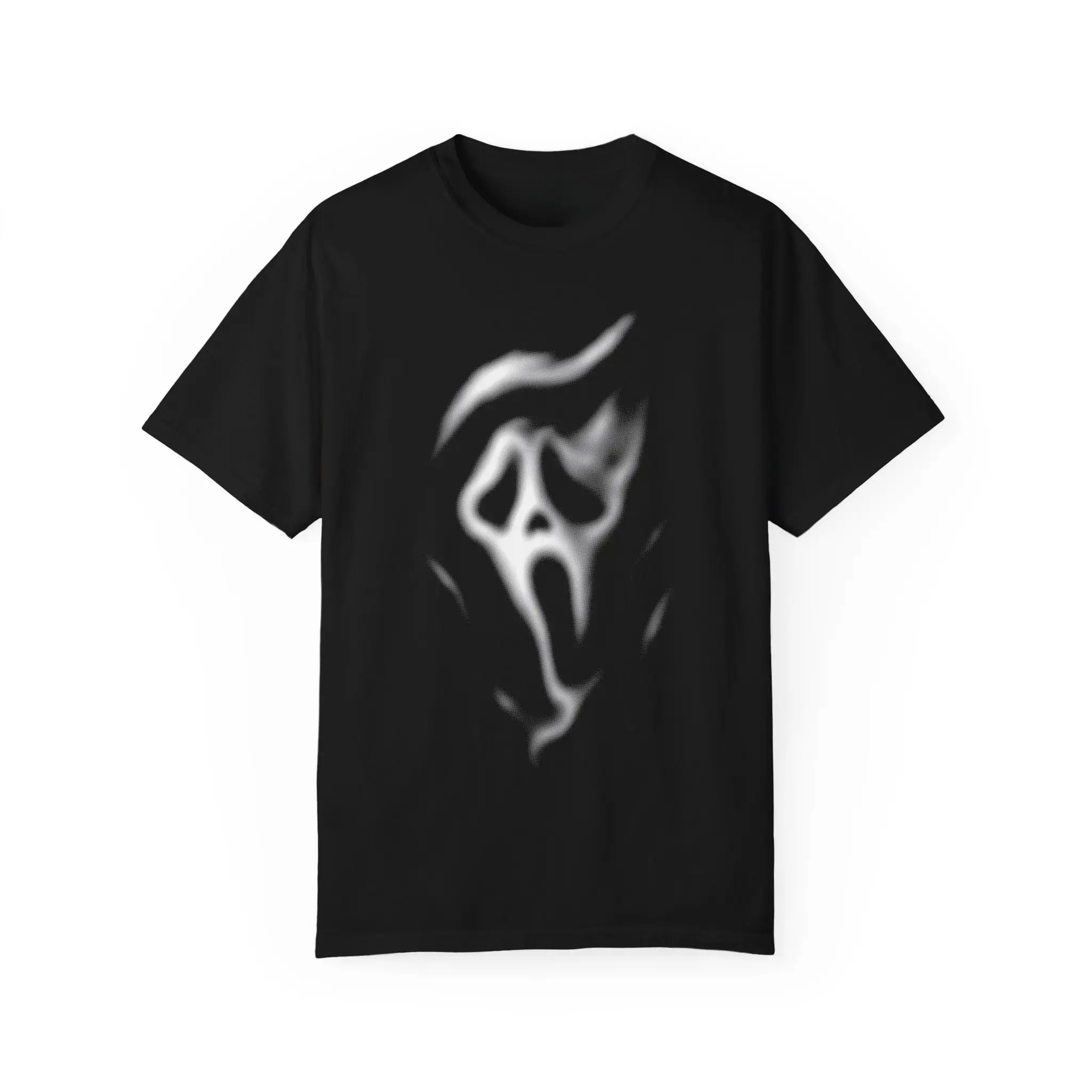 Men's Soft Cotton Flannel Short-Sleeve Tshirt - Relaxed Cut Knit Fabric, Ghostface Smoke Horror Mask Graphic, Unisex Spooky Halloween Vibe Menswear Streetwear Sports Top