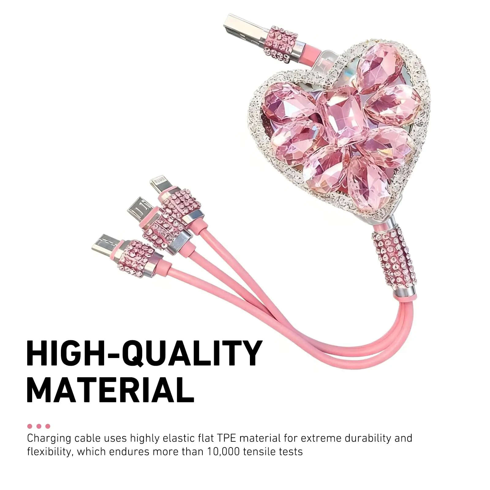 Shiny Rhinestone Heart 3-in-1 Retractable Charging Cable, Fast Charging Multi USB Cord Type-C Lightning Micro USB, Cute Bling Car Phone Charger Accessory for Girls Women