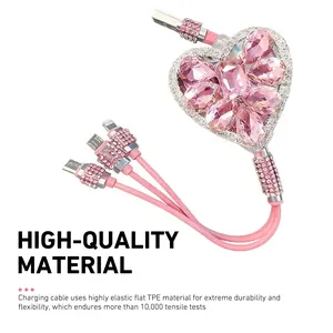 3-in-1 Retractable Charger Cable, Bling Heart Rhinestone Design, Fast-Charging Multi-Function USB Cord for iPhone, Android, Type C (Kitchen Gadget Accessory)