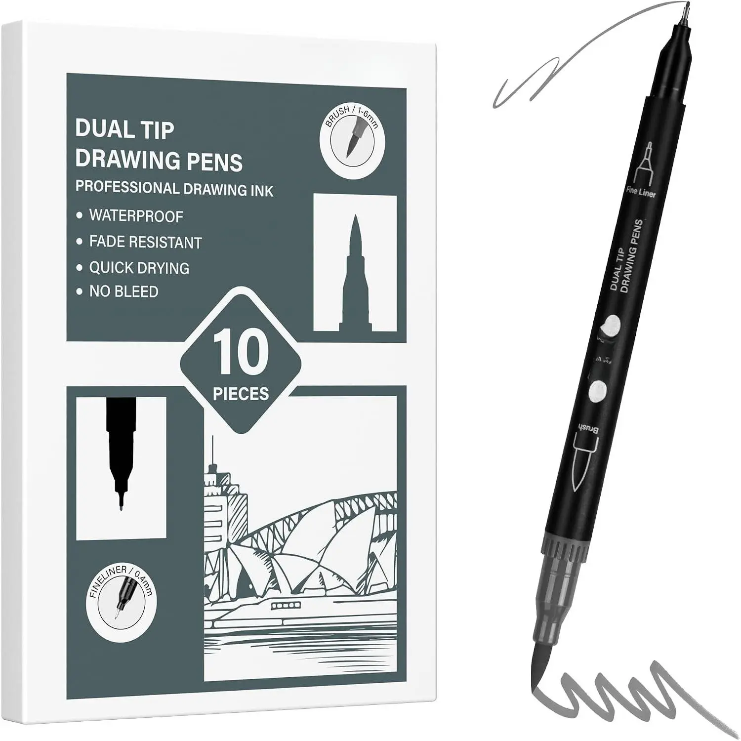 10-Pack Gray Artistic Drawing Tool Set - 1-6mm Brush Pens, 0.4mm Felt Tip Markers, Anti-Smudge Office Stationery for Art Sketching, Calligraphy, Drawing Tools