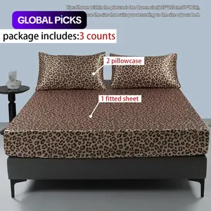 Satin Leopard Print 3-Piece Bedding Set, Bed Sheets Set, 1 Fitted Sheet and 2 Pillowcases (No Fillers), Soft & Comfortable Bed Linens for Home & Hotel, Summer Bedroom Decor