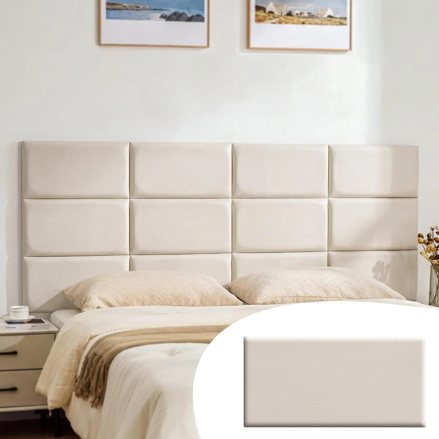 DIY Upholstered Wall Mounted Headboard,  Soundproof Floating Wall Panels  Size, Easy Assemble, , Peel & Stick Headboard,Beige:23.62" x 11.81" x 1.18"