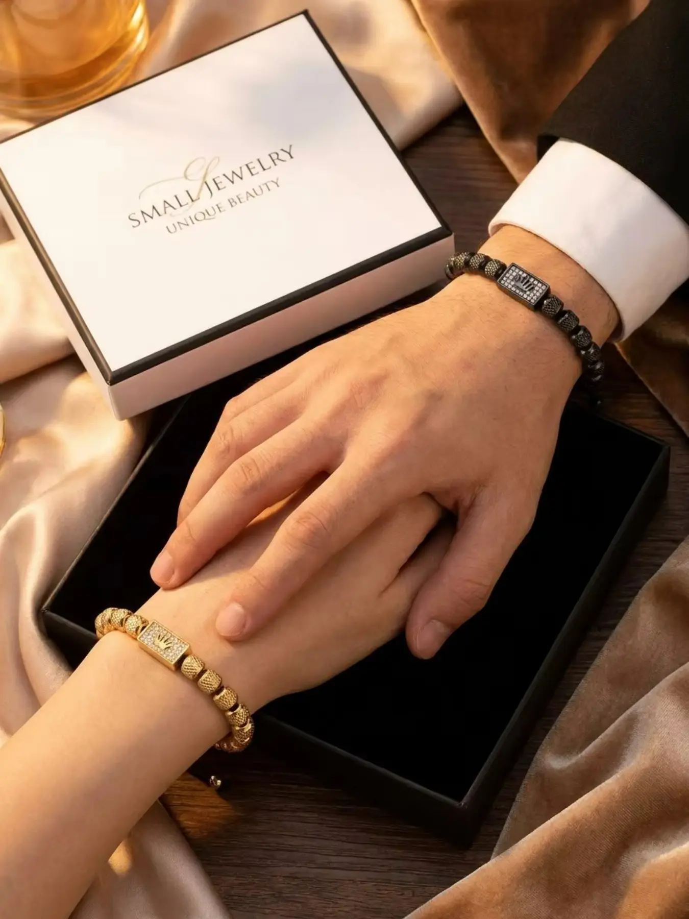 [1 Pair] Soulmate Crown Couple Bracelet Set - Luxury Gold & Black Beads with AAA Zirconia - Adjustable Fit Jewelry for Him & Her - Perfect Anniversary & Birthday Gift with Minimalist Box