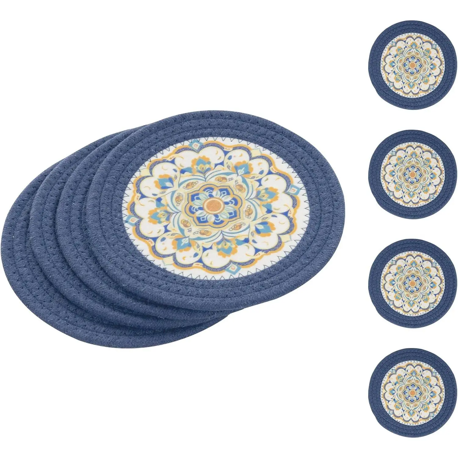 8 Inches Trivets for Hot Dishes, 4 count  and Felt Floral  Trivet Mats for Kitchen, Hot Pads for Countertops and Table, Heat-Resistant Pot Holders for Hot Pots and Pans, Blue