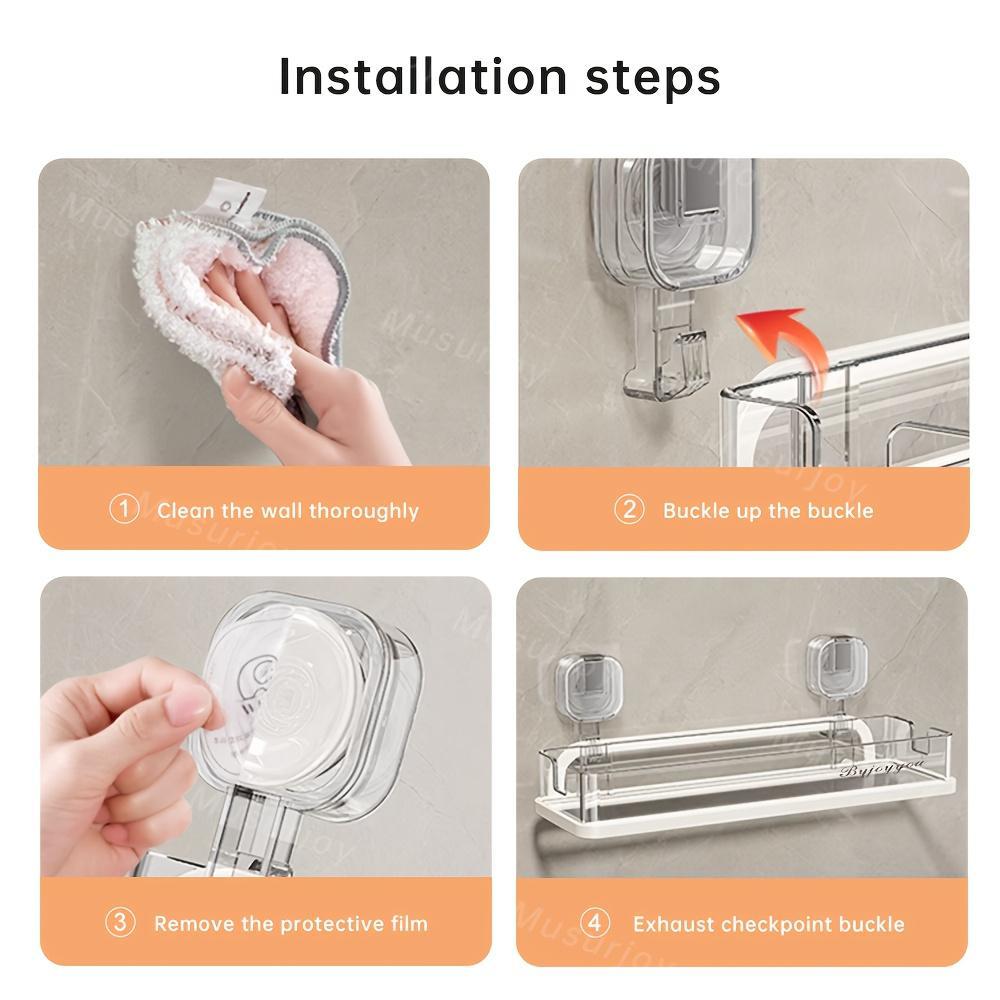 Easy Install Suction Cup Bathroom Shelf, No Drilling Required, Thick Plastic & Aluminum Alloy, Wall Mounted Shower Rack, Bathroom Organizing Accessories, Corner Storage