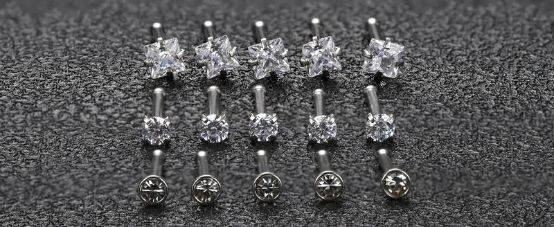 MILACOLATO Hypoallergenic Nose Rings 15count 18G 20G Surgical Stainless Steel Nose Rings Studs L Shaped Screw Studs Rings Cubic Zirconia Nose Ring Labret Lip Nose Piercing Jewelry for Women Men