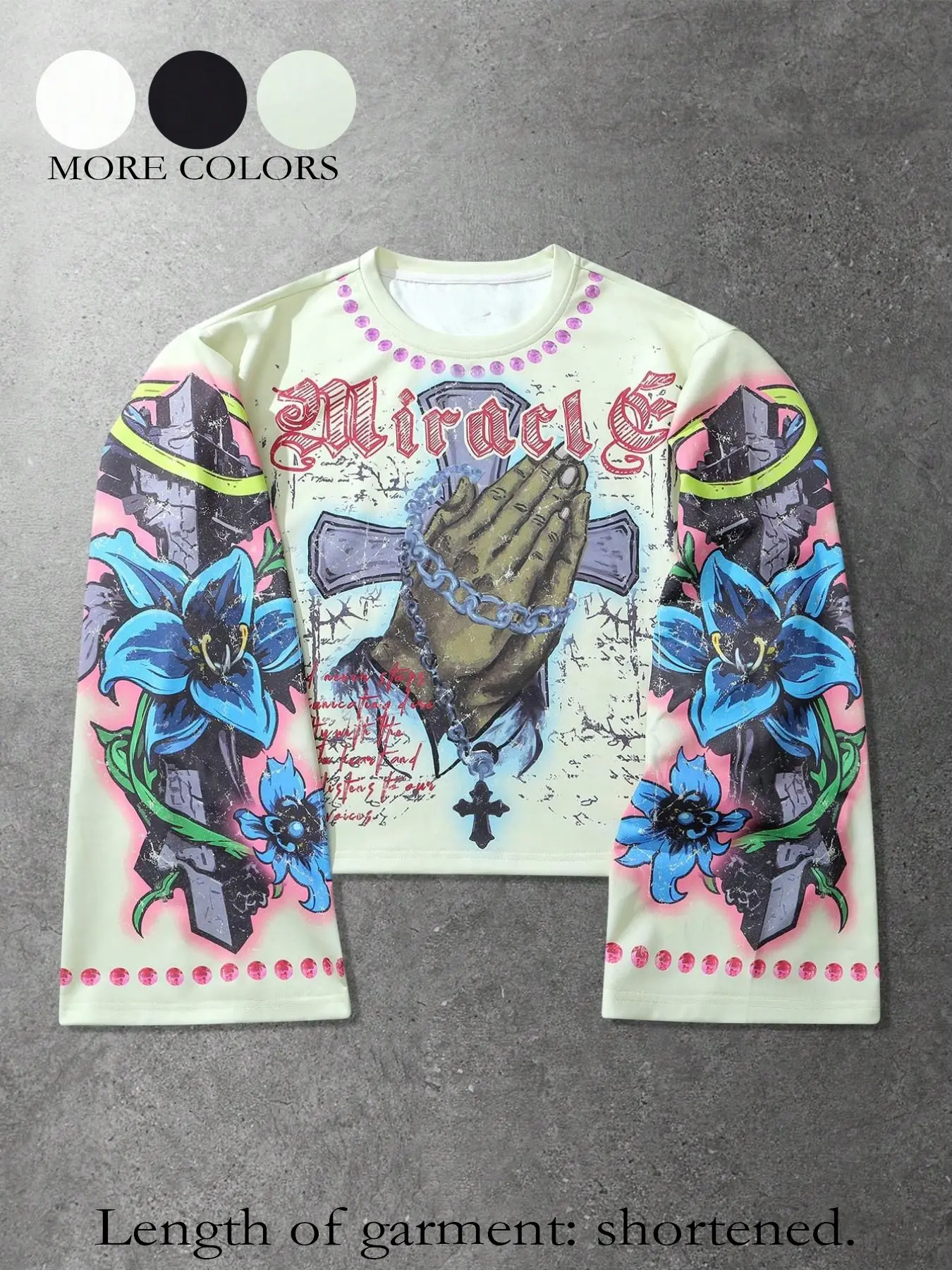 Men's and women's versions of Y2K gothic-style graffiti flared sleeves long-sleeved tops, vintage distressed prayer hands, Floral, flower pattern print long-sleeved T-shirts, streetwear, trendy, baggy, perfect for casual wear during spring