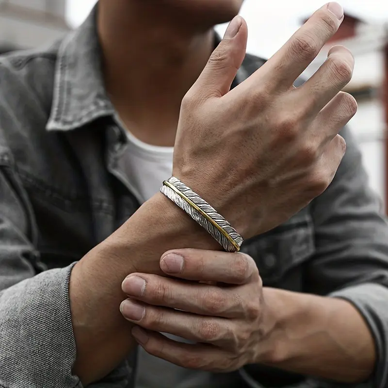 Vintage Feather Steel Cuff Bracelet, Adjustable Rock Style Jewelry for a Casual Look, Unisex Daily Accessory, Bangle, Rock Look, Everyday, Adjustable Bracelet, Arm Candy Accessories, Bracelet Stacking