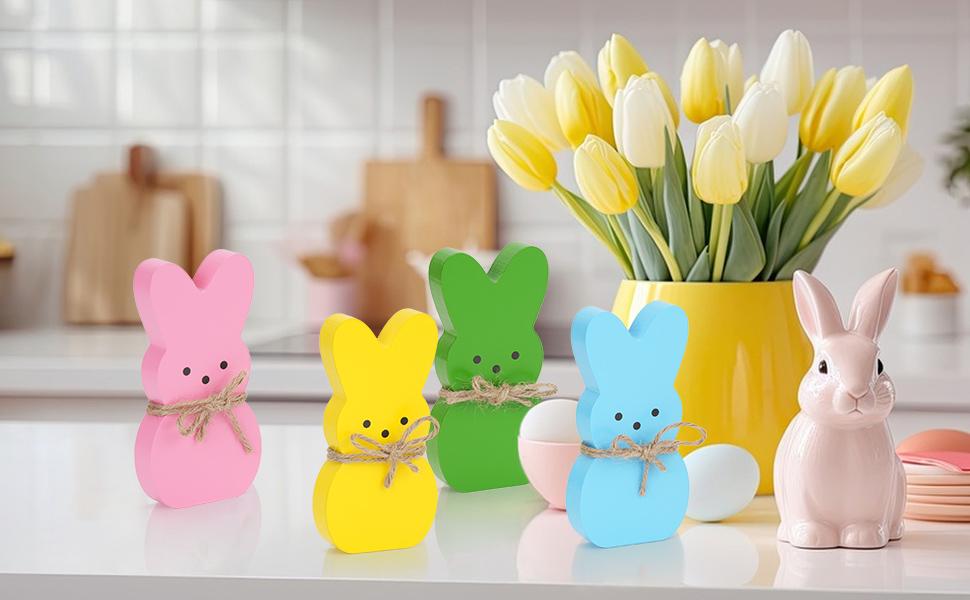 Easter Décor, 4 Pcs Bunny Table Decorations Wooden Spring Signs for Home, Wood Rabbit Tiered Tray/Mantal Décor for Farmhouse or Office Party Supplies