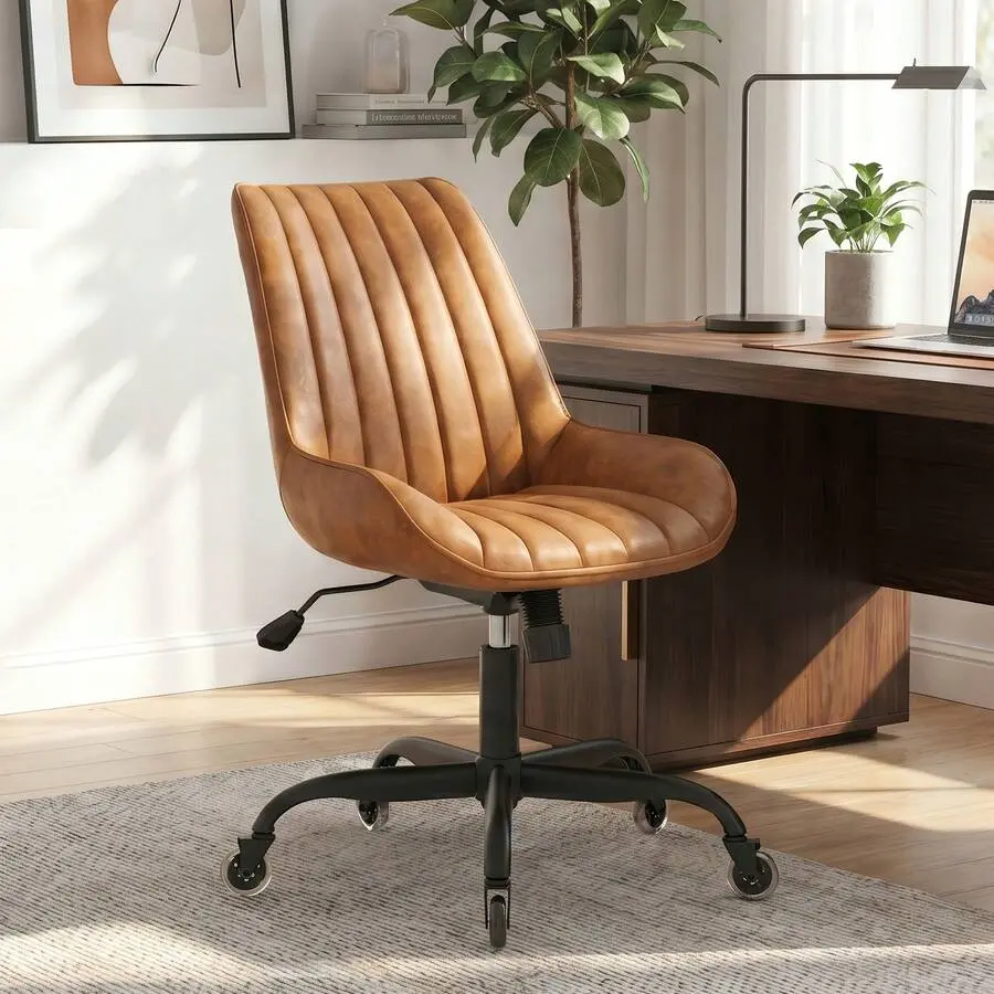 Armless Office Chair, Mid Back Modern Desk Chair With Rubber Wheels, 360 Swivel PU Leather Office Chair No Arms, Adjustable Height Small Computer Chair, Armless Desk Chair Office,Brown