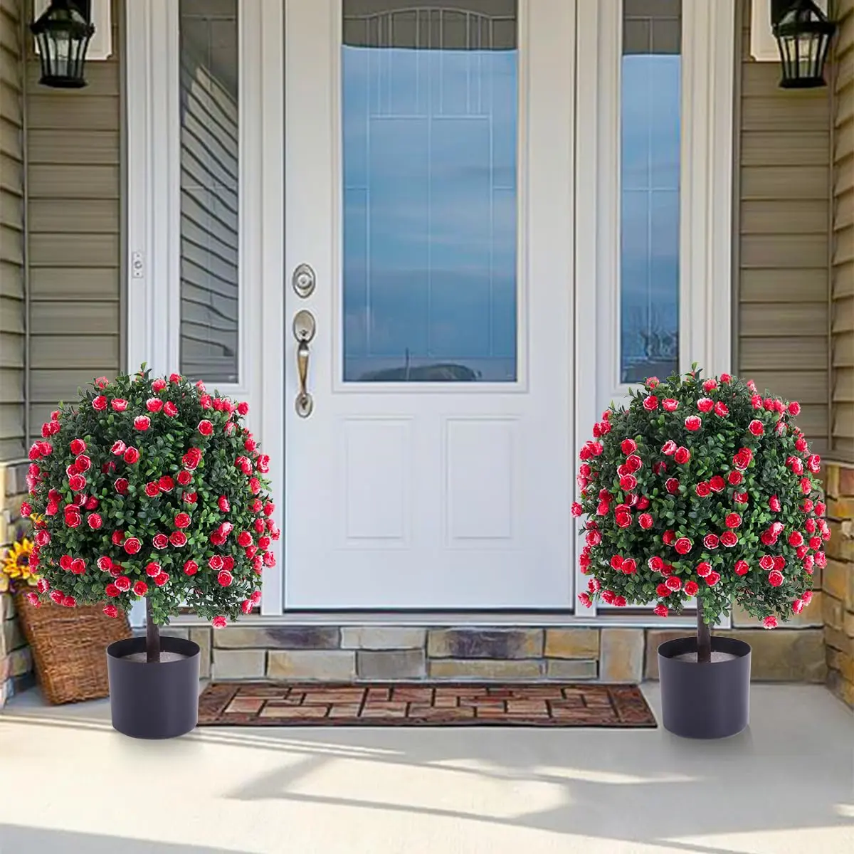 Artificial Rose Topiary Ball Tree,21.65" Faux Potted Tree, Artificial Boxwood Topiary Ball Tree with Flowers,Outdoor Faux Potted Plants for Front Door Porch Garden Backyard(1pcs)