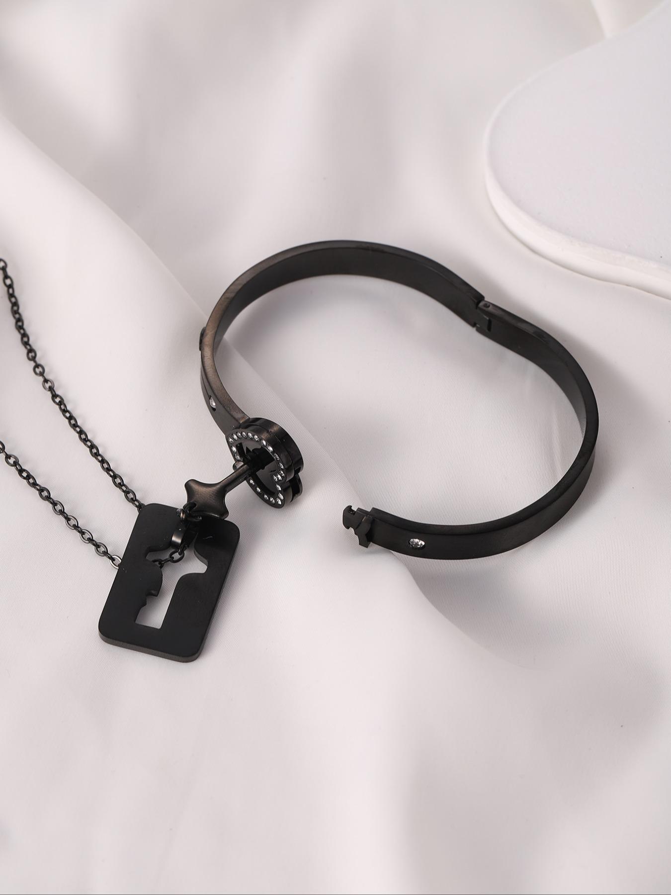 Unisex Summer Trendy Jewelry Set,  Rhinestone Decor Heart Shaped Lock Design Bracelet, Key Design Pendant Necklace for Girl, Streetwear Matching Vintage Jewelry, Valentine's Day, Gift