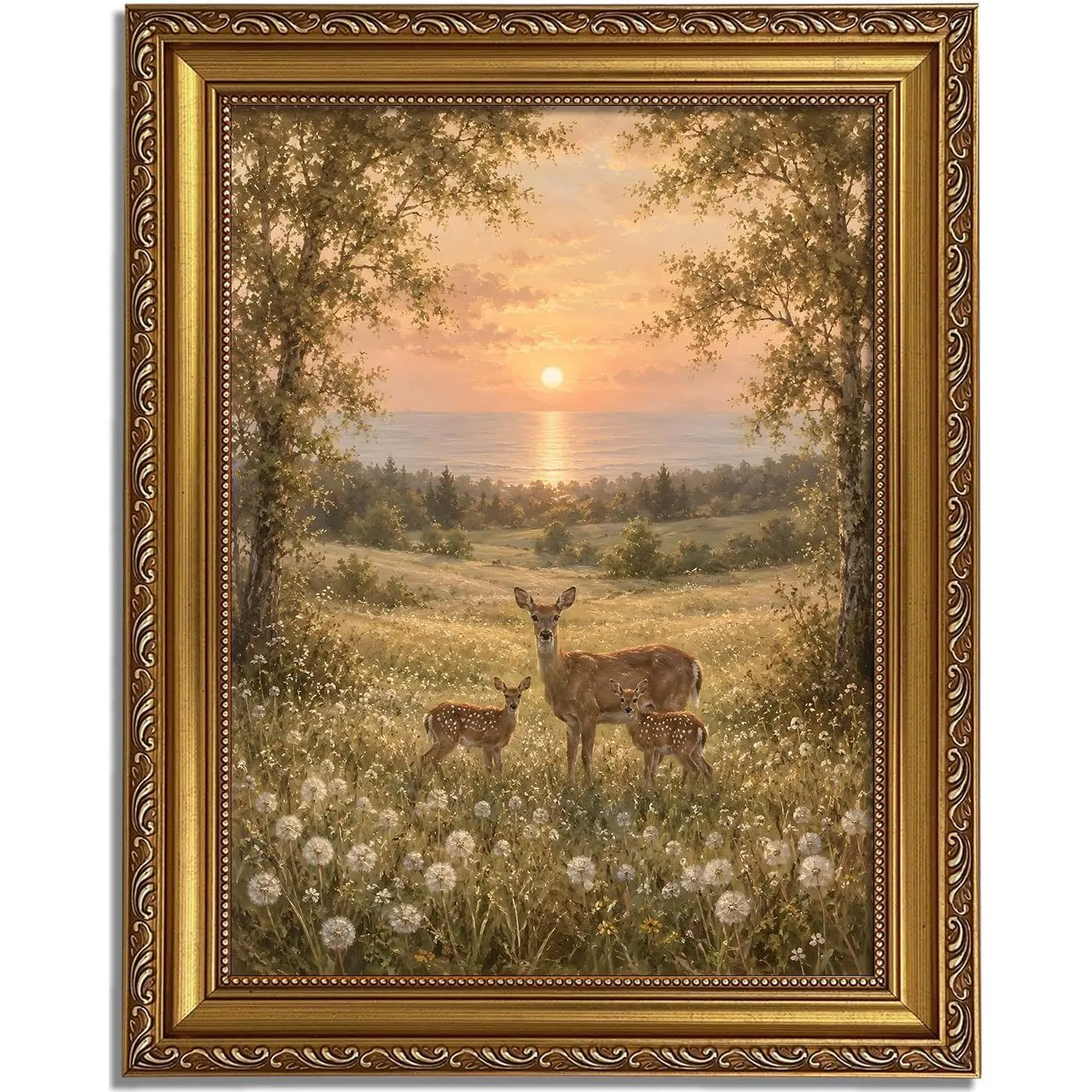 Vintage Gold Framed Wall Art, Deer Family with Sunset Meadow Landscape Canvas Print, Rustic Forest Animal Oil Painting Picture Artwork for Living Room Bedroom Farmhouse Home Shelf Decor