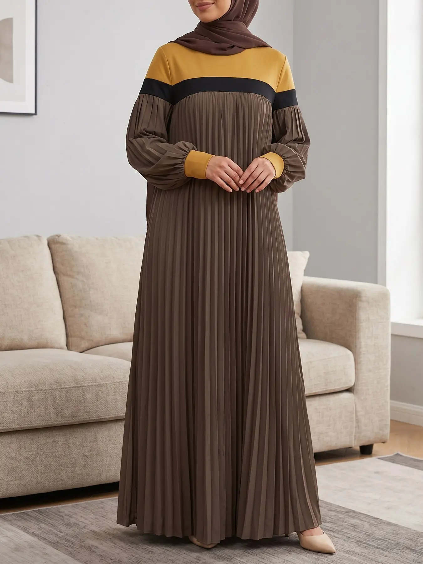 Women's Colorblock Striped Long Sleeve Lantern Sleeve Dress, Casual Loose-Fitting Long Dress, Spring & Fall Fashion, Modest Dresses, Modest Islamic Clothing, Modesty Muslim Clothing, Muslim Outfits, Islamic Modesty Clothes